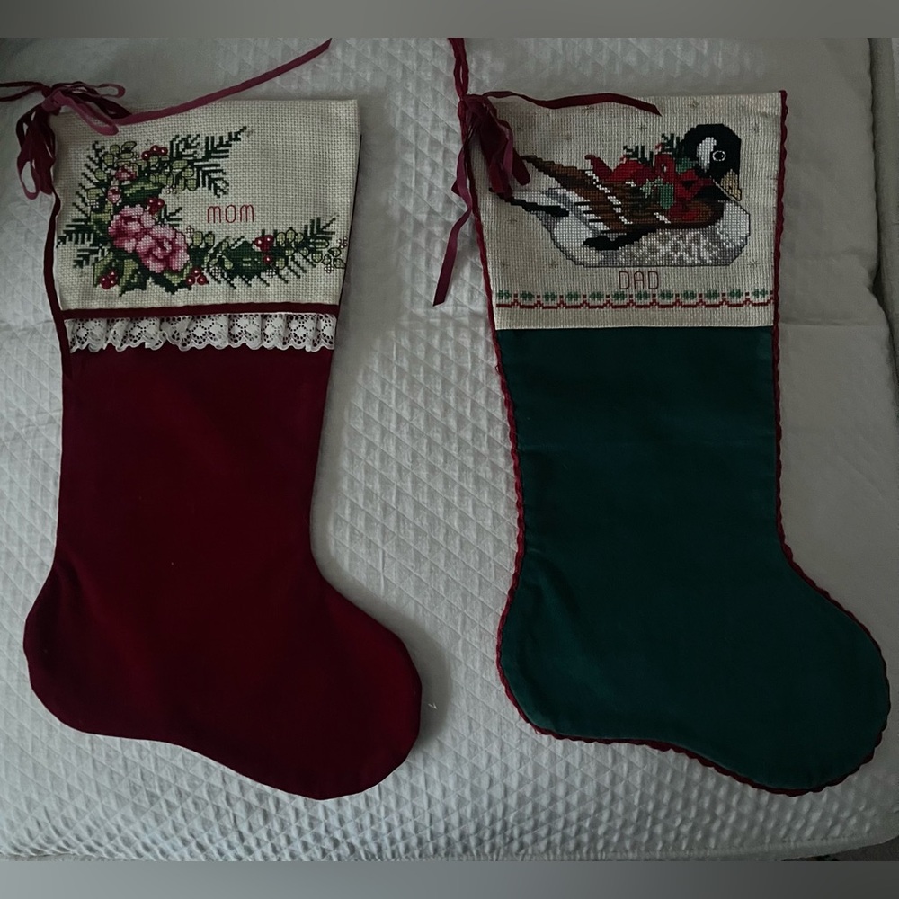 Handmade Embroidered Mom and Dad Holiday Stockings Set